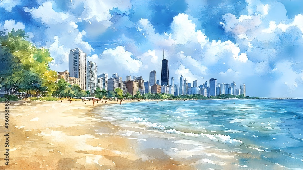 Naklejka premium Impressionistic Watercolor of Scenic Summer Beach and Skyline