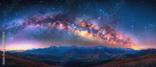 Cosmic Symphony: Stunning Milky Way Panorama above Majestic Mountain Range - Perfect for Astrophotography Portfolios