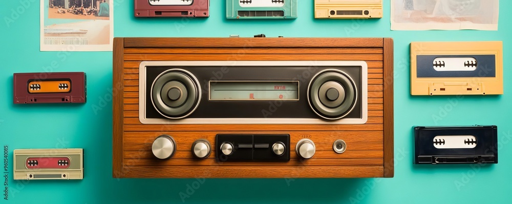 1970s radio cassette player with wood paneling and metal buttons, surrounded by a collection of retro cassettes and posters 1970s radio cassette player with wood paneling and metal buttons, surrounded by a collection of retro cassettes and posters
