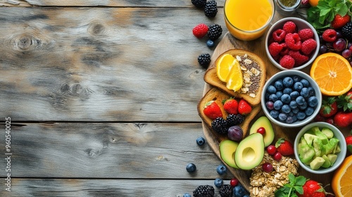 Top Down View of a Healthy Breakfast Spread with Fresh Fruits, Avocado, Granola, Orange Juice, and Toast on a Rustic Wooden Table - Perfect Design for Print, Card, Poster. Copy Space for text