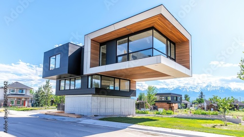 Modern cantilevered house design with large windows and unique architecture, set against a scenic sky and landscape.