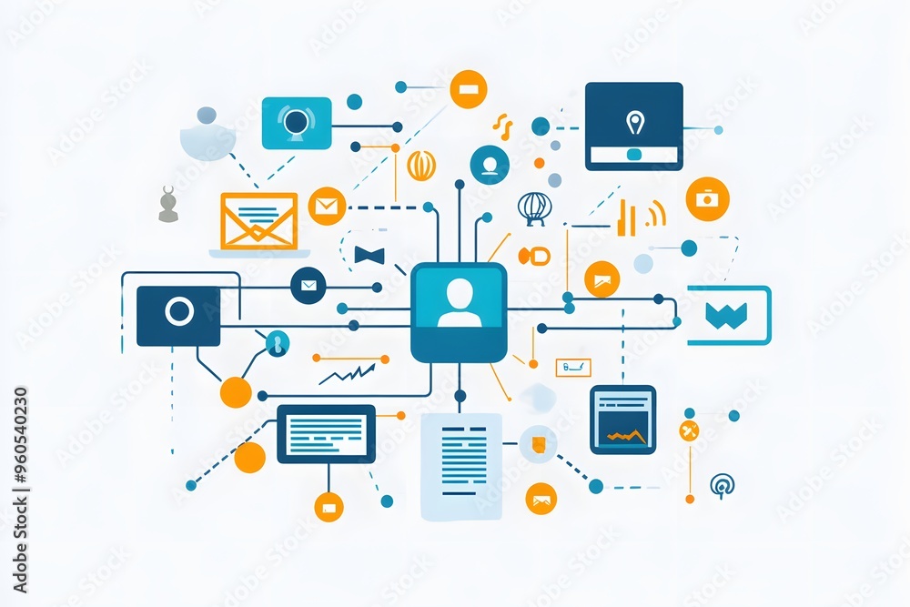 Abstract Illustration of Connected Digital Devices and Icons Abstract Illustration of Connected Digital Devices and Icons