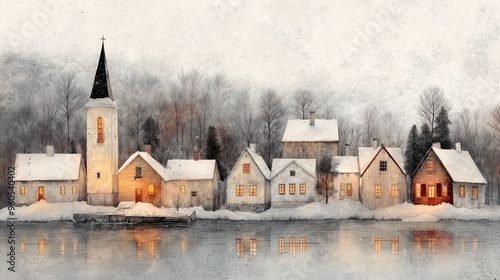 Charming Winter Village Covered in Snow with Cozy Houses by the Lake - Perfect for Holiday Posters and Winter Celebration Designs. Copy Space for text
