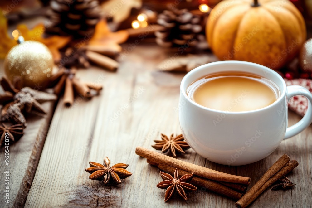 A cozy cup filled with fragrant spice tea sits on a wooden table adorned with autumn leaves, pinecones, and a pumpkins, evoking a warm seasonal atmosphere A cozy cup filled with fragrant spice tea sits on a wooden table adorned with autumn leaves, pinecones, and a pumpkins, evoking a warm seasonal atmosphere