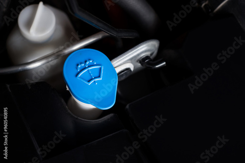 Windshield washer fluid filler cap.Closeup blue windshield washer fluid reservoir cap in engine room.