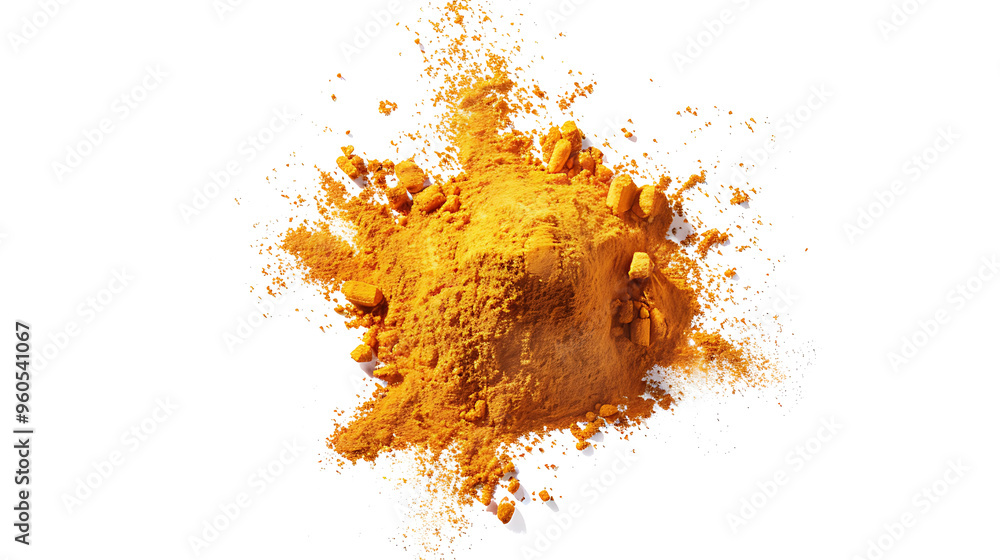 Turmeric powder pile scattered isolated on white background, flying Turmeric powder pile scattered isolated on white background, flying