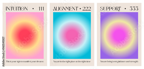 Modern abstract poster with Angel Numbers. Angel No 111 222 333 Intuition, Alignment, Support. Gradient aura, colorful and bright background, printable poster templates. Positive energy art