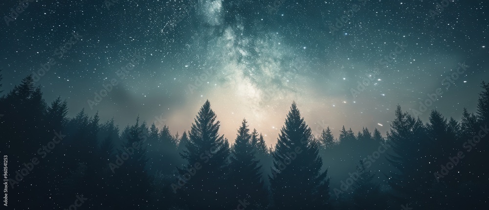 Naklejka premium Enchanting Astrophotography of Star-Filled Sky Above Forest Clearing