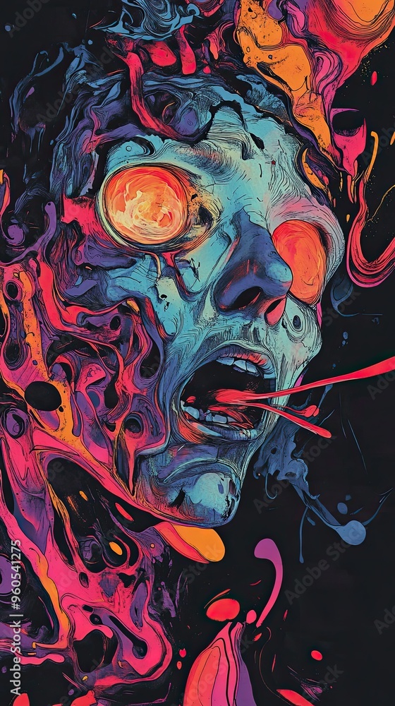 A painting of a man with a mouth open and a red eye. The painting is full of bright colors and has a surreal feel to it A painting of a man with a mouth open and a red eye. The painting is full of bright colors and has a surreal feel to it