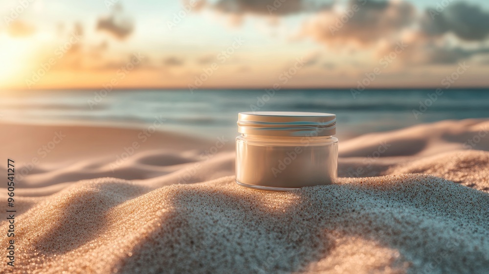 A serene outdoor scene with a jar of creamy moisturizer on soft sand, softly illuminated by the gentle sunlight, creating a peaceful A serene outdoor scene with a jar of creamy moisturizer on soft sand, softly illuminated by the gentle sunlight, creating a peaceful