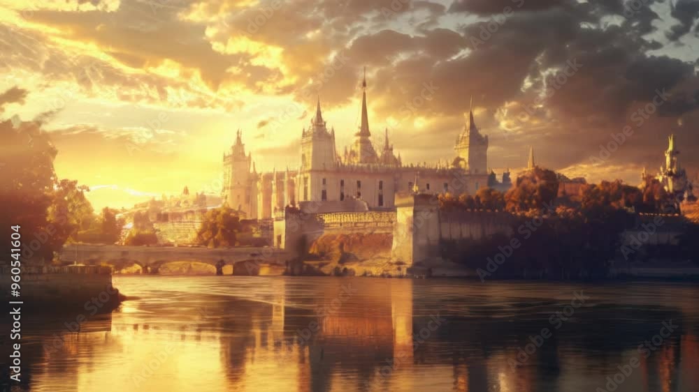 Breathtaking castle landscape at sunset, surrounded by lake waters, capturing a magical atmosphere. Breathtaking castle landscape at sunset, surrounded by lake waters, capturing a magical atmosphere.