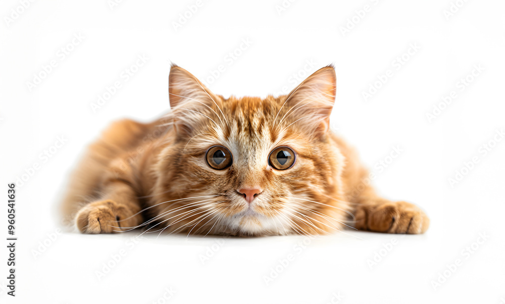 Obraz premium Playful ginger cat lies on a white surface, gazing curiously with bright eyes in a light-filled room. Generative by AI