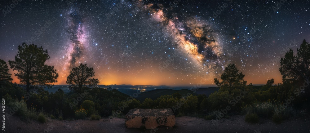 Fototapeta premium Cosmic Symphony: Milky Way Galaxy Soaring Above Remote Forest Canopy - Perfect for Astrophotography Enthusiasts