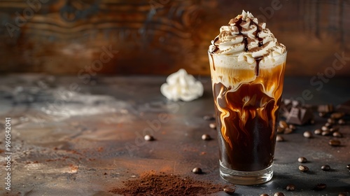 Viennese Coffee Delight in a Tall Glass with Whipped Cream and Chocolate Drizzle
