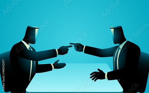 Two businessmen pointing at each other in a heated debate during a meeting. Captures the intensity of business disagreements and negotiations