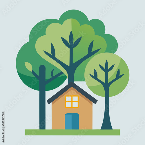 A home features a tree integrated vector illustration on white background