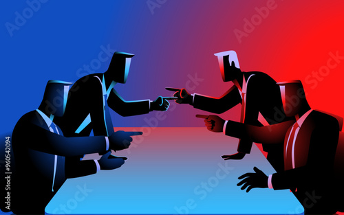 Businessmen pointing at each other in a heated debate during a meeting. Captures the intensity of business disagreements and negotiations