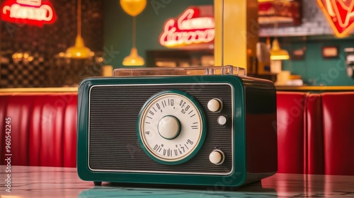 Old-fashioned bakelite radio with large circular dial, displayed in a classic diner with neon signs and red vinyl booths