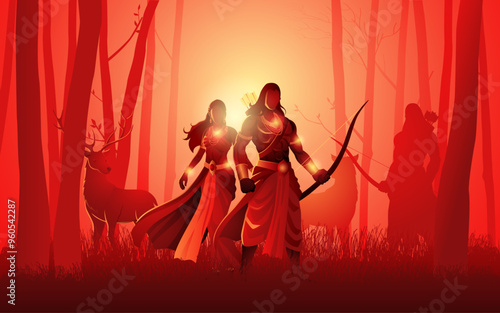 Hindu mythology series. Ancient Hindu tale of Rama, Sita, accompanied by Lakshmana during their exile in the forest. Perfect for contents related to mythology, Indian culture, and epic storytelling