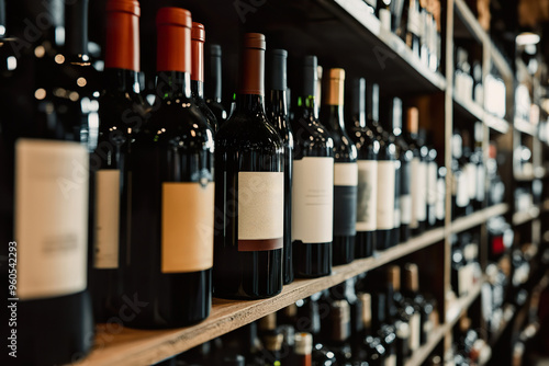 Variety of wine bottles displayed on a wooden shelf in a wine shop