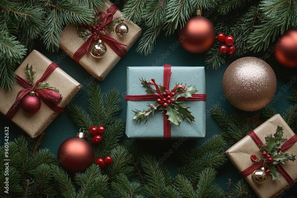 holiday gift wrapping, elegantly presented gifts, sparkling ornaments, and greenery artfully arranged in a flat lay setting, adding holiday cheer holiday gift wrapping, elegantly presented gifts, sparkling ornaments, and greenery artfully arranged in a flat lay setting, adding holiday cheer