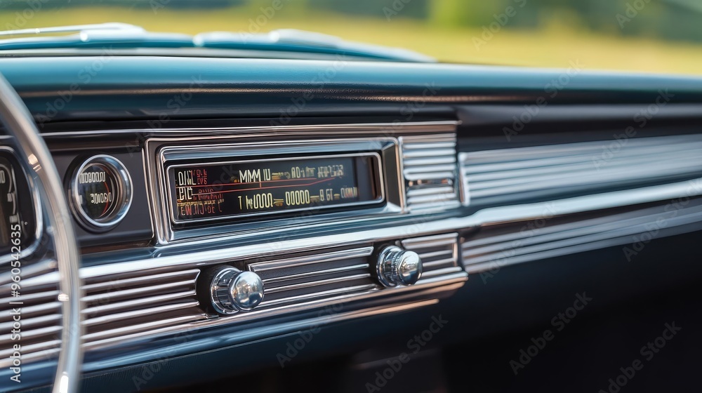 Fototapeta premium Retro car dashboard with a built-in AMFM radio, highlighting chrome details and classic speedometer, evoking 1950s road trips