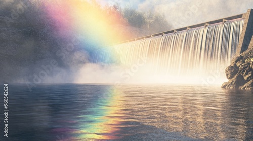 Water is released from a dam creating mist that reflects a colorful rainbow