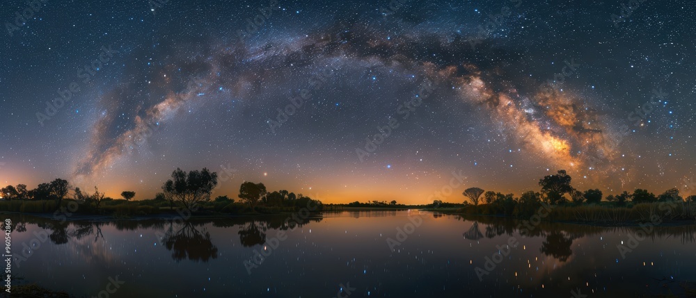Fototapeta premium Celestial Serenity: Stunning Milky Way Astrophotography Over Tranquil River