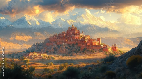 timeless tibetan vista ancient samye monastery sweeping himalayan landscape golden hour lighting spiritual atmosphere photo