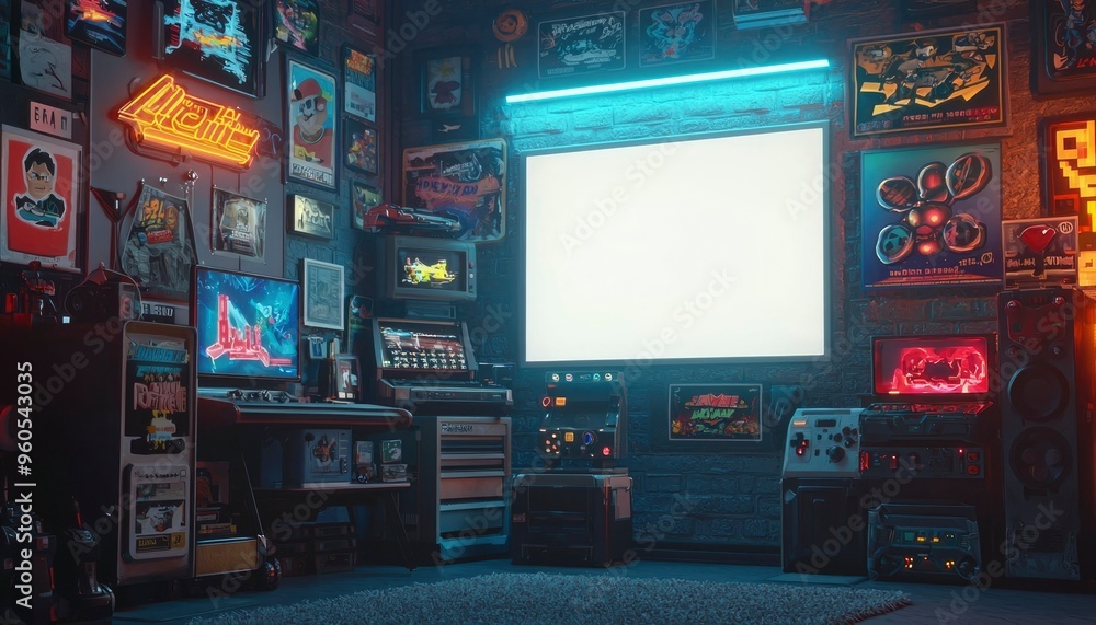 Retro Gaming Room with Neon Signs and Posters Retro Gaming Room with Neon Signs and Posters