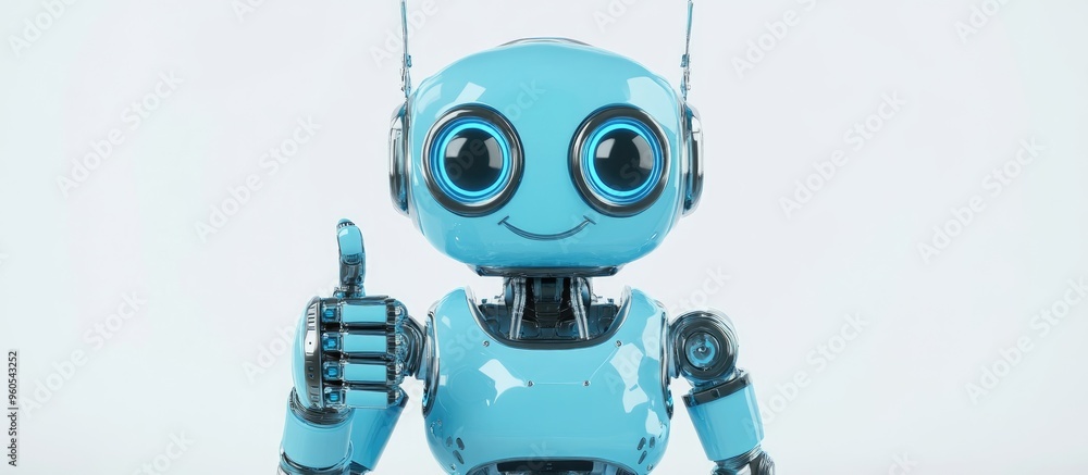 Adorable blue robot making a thumbs up gesture in a 3D rendered illustration set against a white backdrop Adorable blue robot making a thumbs up gesture in a 3D rendered illustration set against a white backdrop