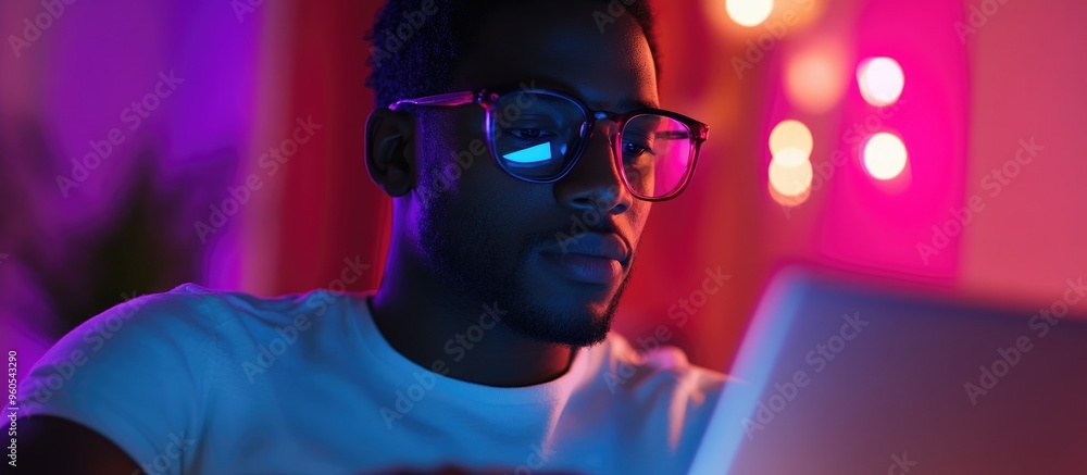 African American man using laptop close up Illustrating the concept of robotic process automation African American man using laptop close up Illustrating the concept of robotic process automation