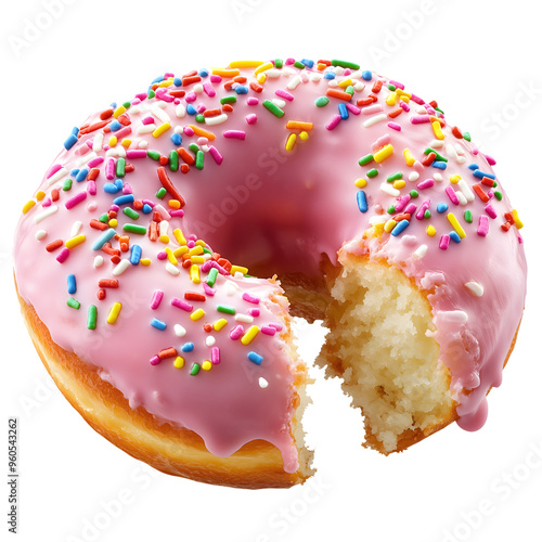 baked donut with pink frosting and colorful sprinkles isolated on transparent background Generative Ai. photo