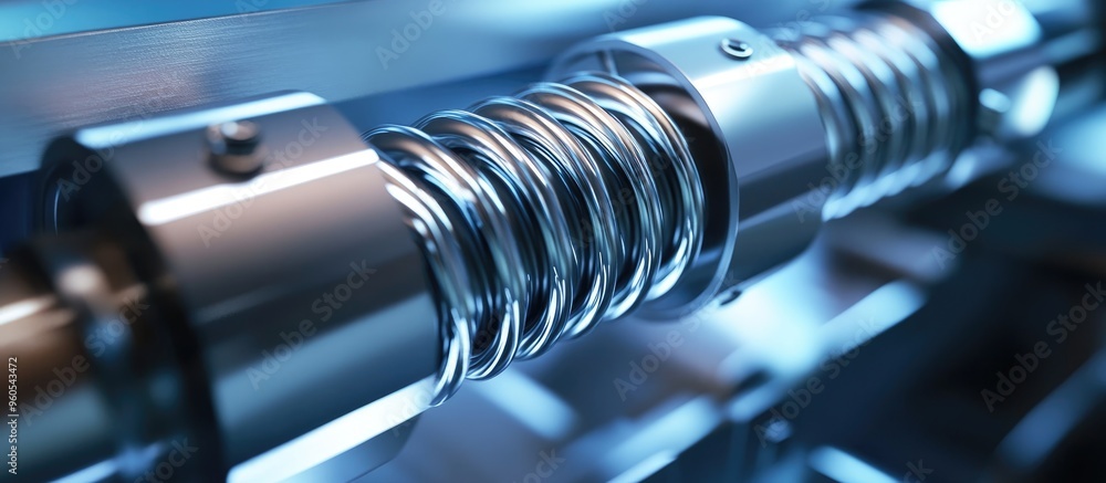Close up of a metallic screw shaft used in screw transmission Represents industrial machinery and engineering concepts Close up of a metallic screw shaft used in screw transmission Represents industrial machinery and engineering concepts