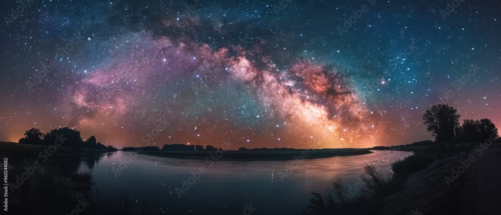 Naklejka premium Tranquil Night Sky: Stunning Milky Way Over River for Astrophotography Enthusiasts