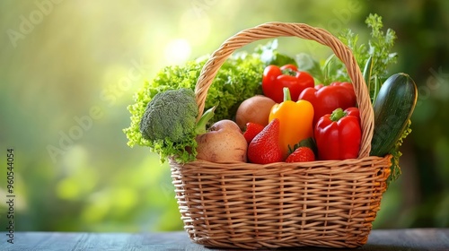 Fresh organic fruits and vegetables in wicker basket