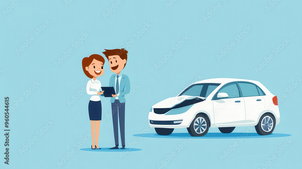 Adorable illustration of a car with a scratch, being comforted by a smiling insurance agent, minimalistic style, soft colors Adorable illustration of a car with a scratch, being comforted by a smiling insurance agent, minimalistic style, soft colors