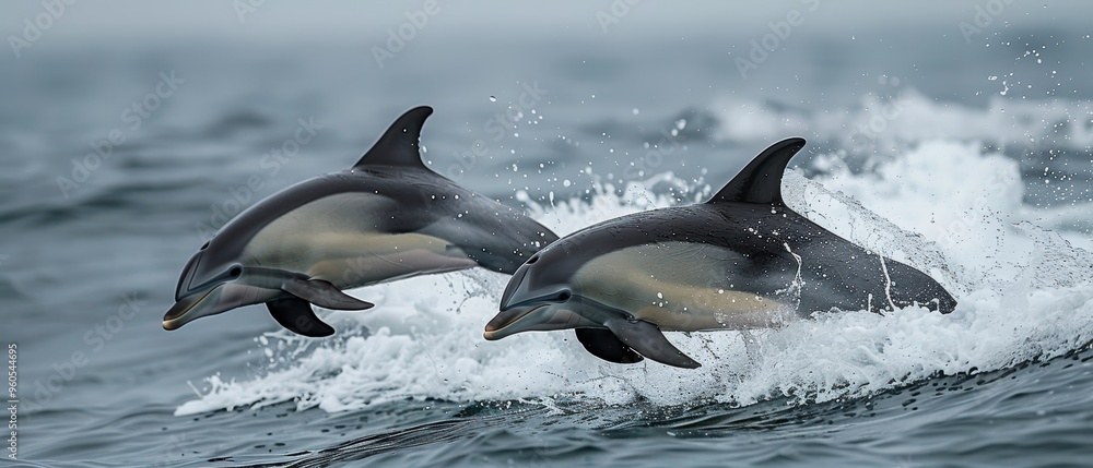 Obraz premium Graceful Dolphins Enchanting Ocean Depths with Playful Leaps
