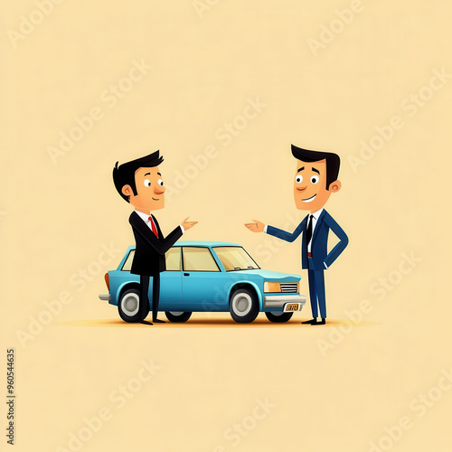 Adorable cartoon of an insurance agent talking to a car with a small dent, soft pastels, and minimalist design, car accident, insurance