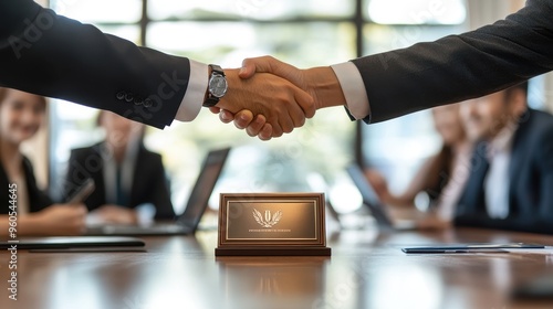 A business handshake occurs between two professionals in a contemporary office, signifying agreement and partnership photo