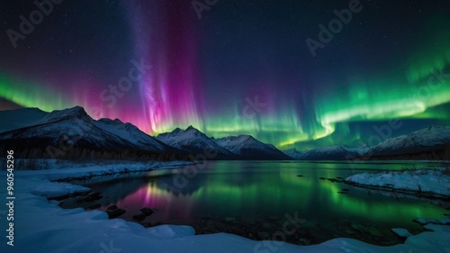 Vivid northern lights in green and purple illuminate the night sky over a snow-covered mountain range, reflecting in a calm lake below. 