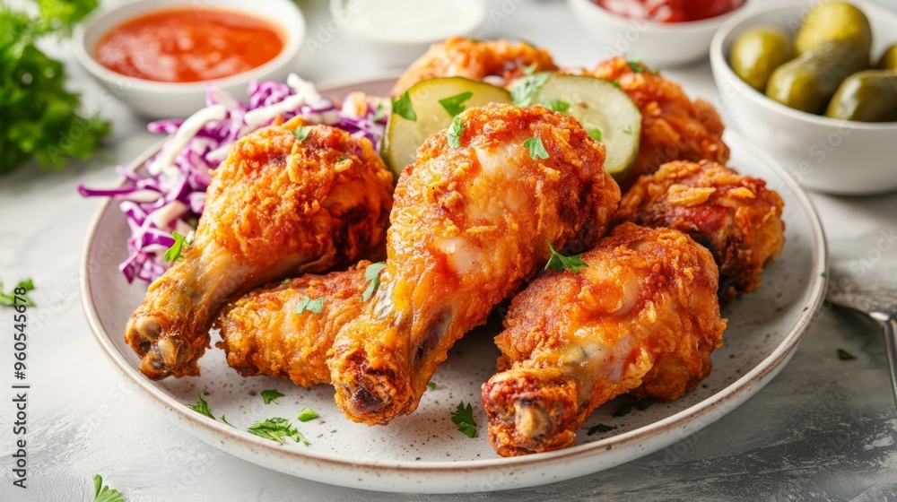 Fried Chicken Drumsticks with Coleslaw and Pickles for your background bussines, poster, wallpaper, banner, greeting cards, and advertising for business entities or brands Fried Chicken Drumsticks with Coleslaw and Pickles for your background bussines, poster, wallpaper, banner, greeting cards, and advertising for business entities or brands