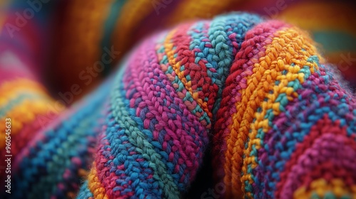 Close-up of a colorful knitted fabric in vibrant shades of red, blue, and orange with intricate stitching.