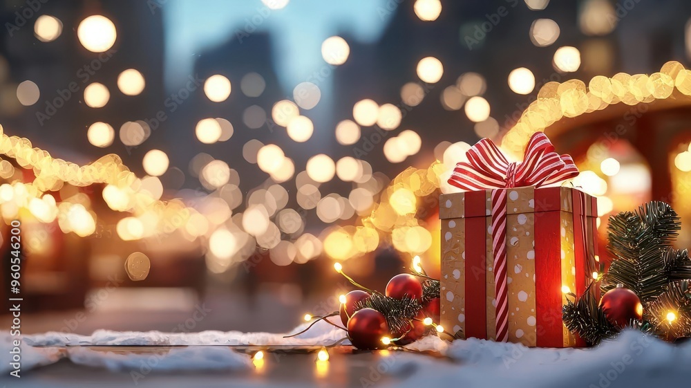 A beautifully wrapped gift box amidst festive lights, evoking the spirit of holiday celebrations and joyful moments. A beautifully wrapped gift box amidst festive lights, evoking the spirit of holiday celebrations and joyful moments.