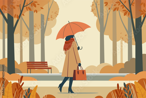 Autumn season. Woman under umbrella in autumn park. Vector illustration in minimalistic style.