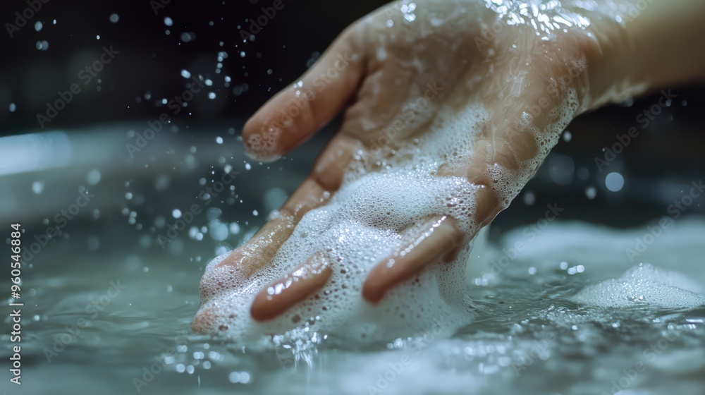 Fototapeta premium Close-up view of hands using luxurious shampoo, with foamy bubbles and a smooth texture