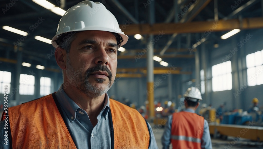 Construction worker in hard hat and vest at industrial site. Construction worker in hard hat and vest at industrial site.