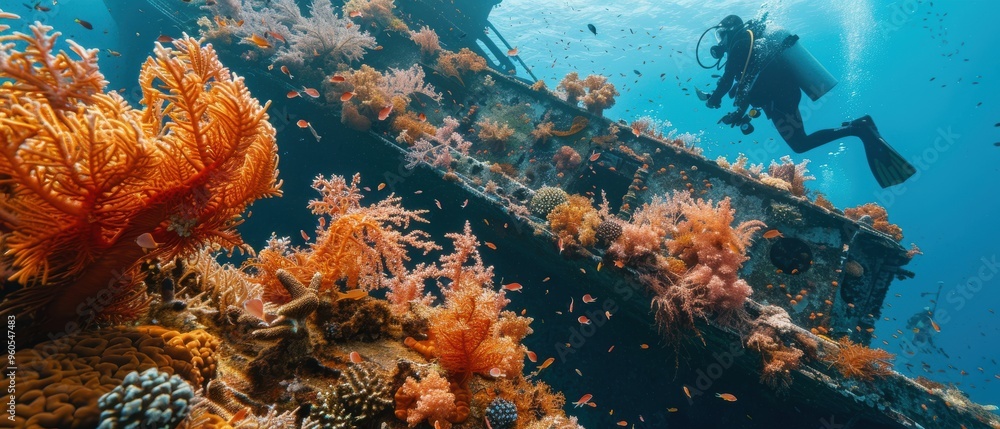 Fototapeta premium Underwater Exploration: Diver Inspecting Colorful Coral-Encrusted Shipwreck