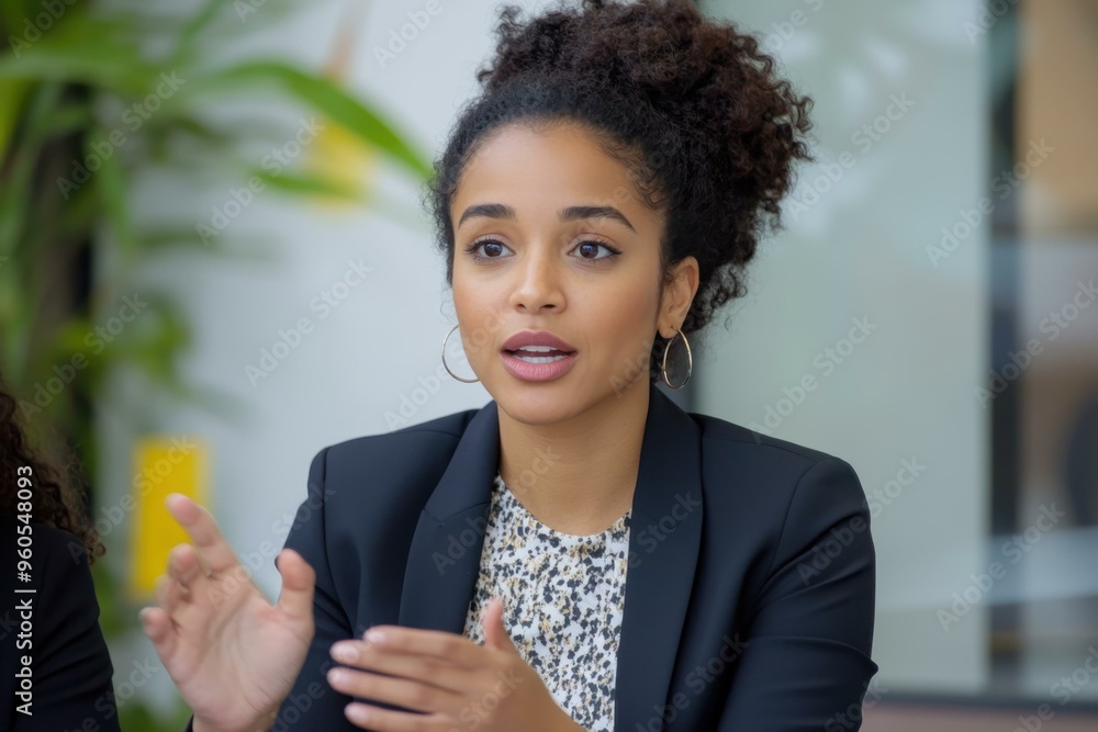 Young African American Businesswoman in Discussion at Modern Office Young African American Businesswoman in Discussion at Modern Office