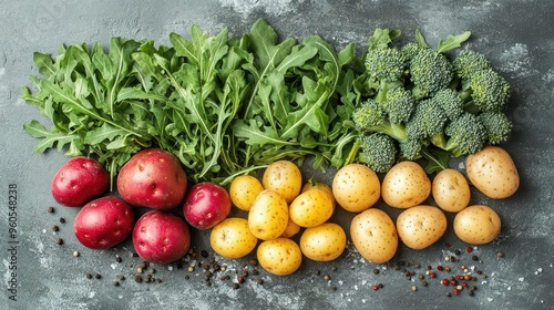 vibrant arrangement of fresh vegetables crisp broccoli florets earthy potatoes and peppery arugula leaves on a clean light surface emphasizing natural textures and colors photo